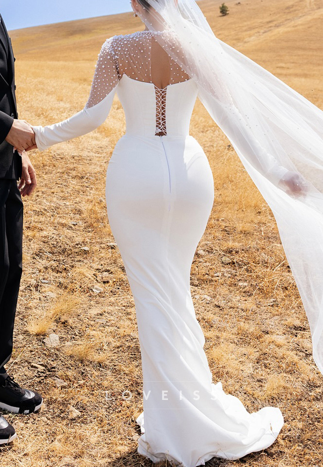 Scoop Long Sleeves Pearl Mermaid Wedding Dress