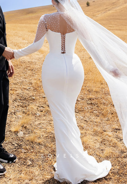 Scoop Long Sleeves Pearl Mermaid Wedding Dress