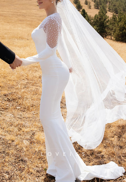 Scoop Long Sleeves Pearl Mermaid Wedding Dress