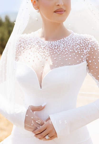 Scoop Long Sleeves Pearl Mermaid Wedding Dress