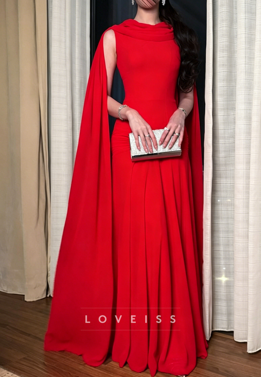 Scoop Long Sleeves Pleated A-Line Evening Dress