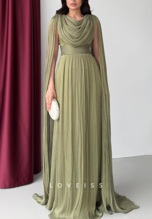 Scoop Long Sleeves Pleated A-Line Formal Dress