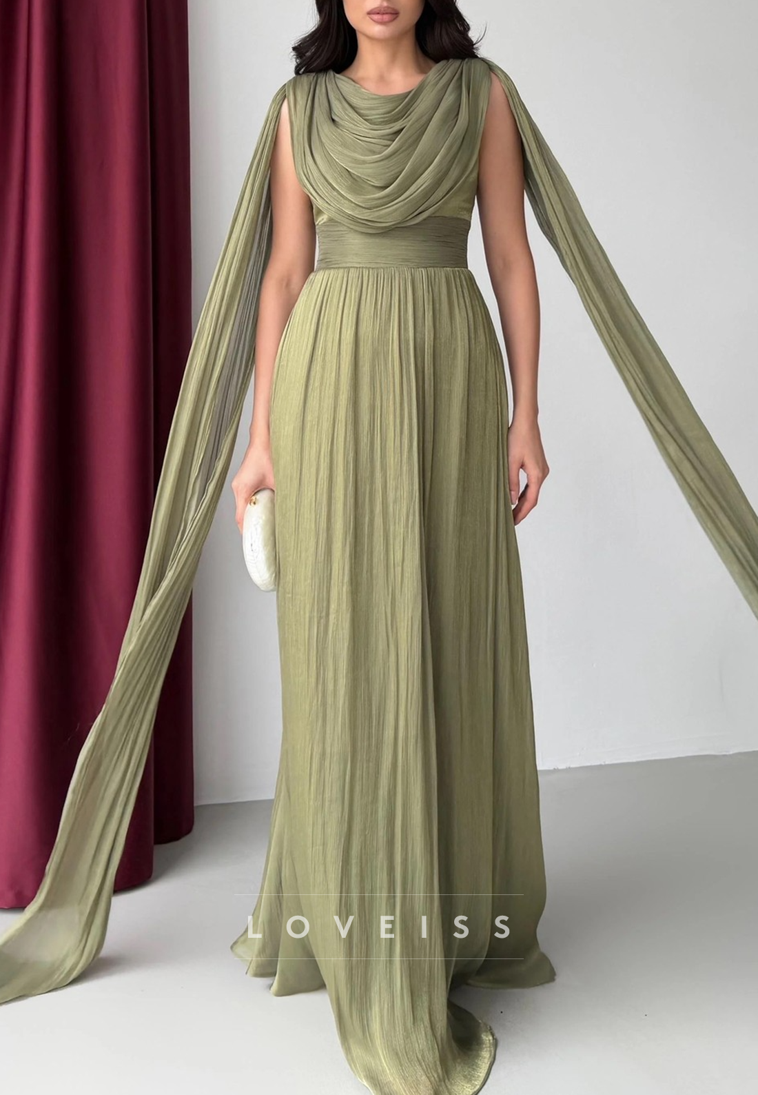 Scoop Long Sleeves Pleated A-Line Formal Dress