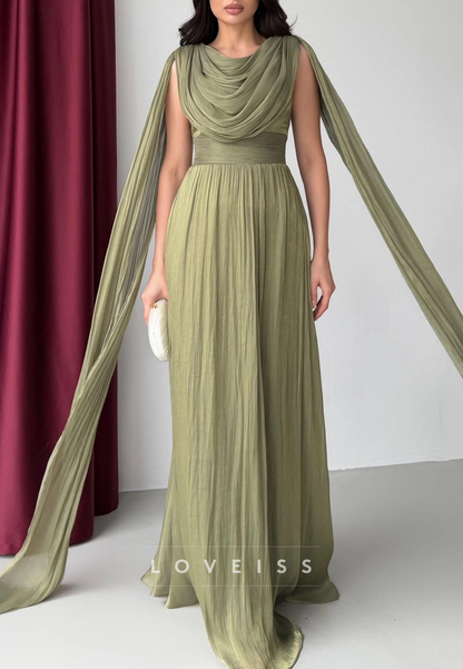 Scoop Long Sleeves Pleated A-Line Formal Dress