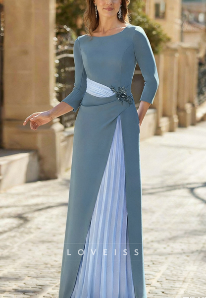 Scoop Long Sleeves Pleated A-Line Mother of Bride Dress