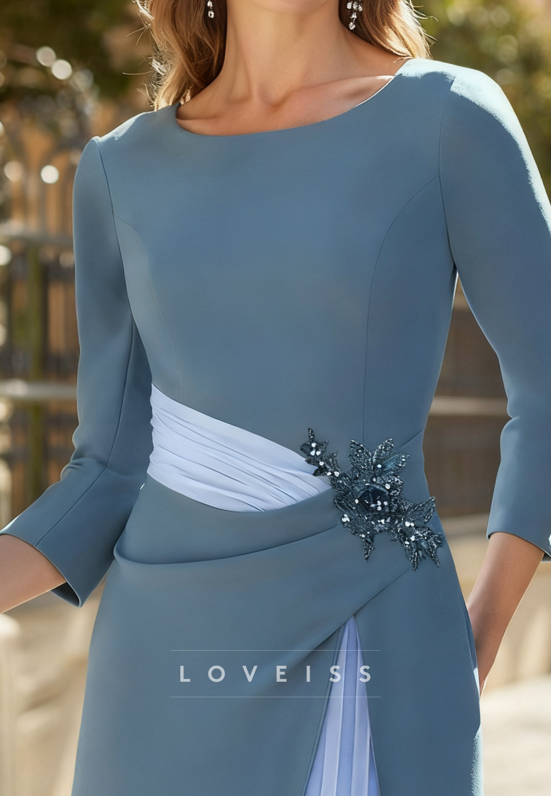 Scoop Long Sleeves Pleated A-Line Mother of Bride Dress