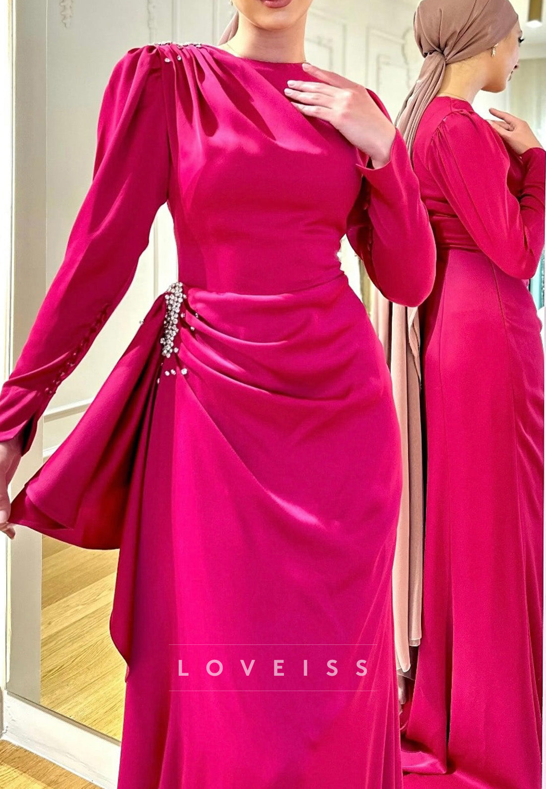 Scoop Long Sleeves Pleated Beadiing Sheath Formal Dress