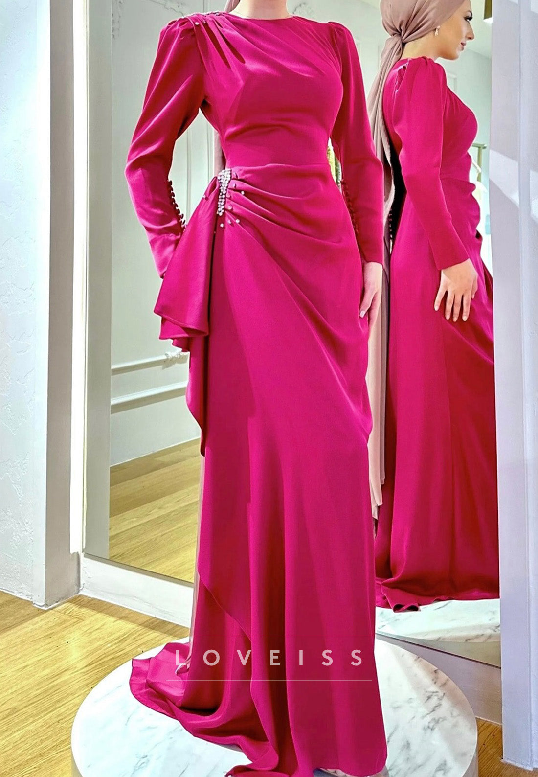 Scoop Long Sleeves Pleated Beadiing Sheath Formal Dress