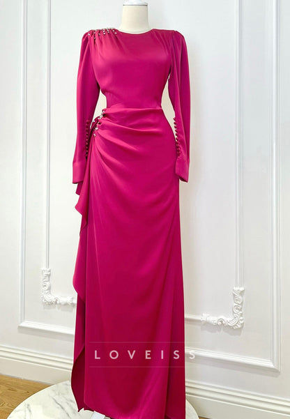 Scoop Long Sleeves Pleated Beadiing Sheath Formal Dress