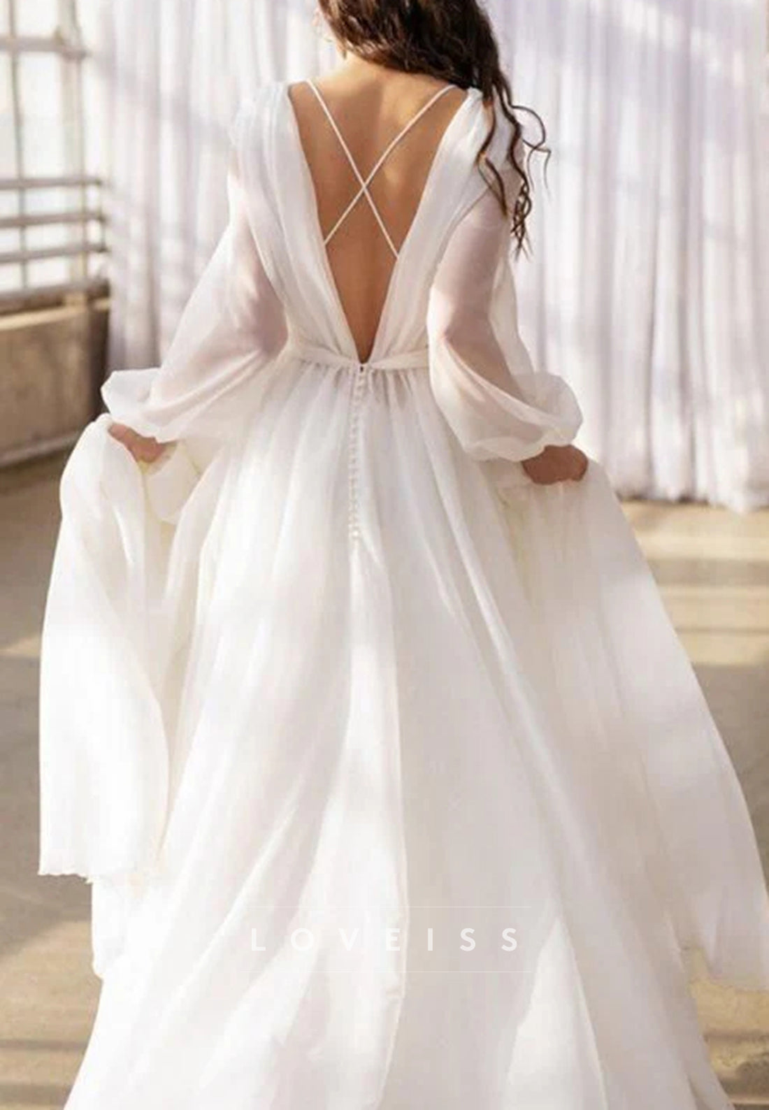 Bateau Long Sleeves Pleated Chiffon A-Line Boho Wedding Dress