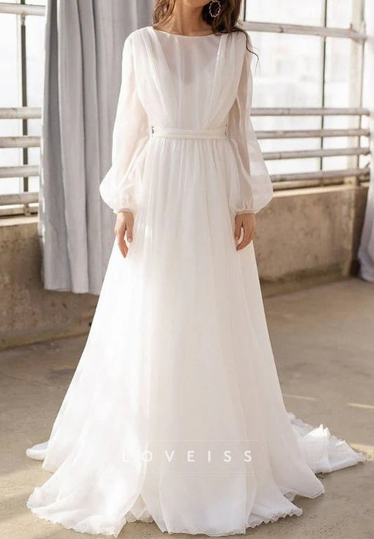 Bateau Long Sleeves Pleated Chiffon A-Line Boho Wedding Dress