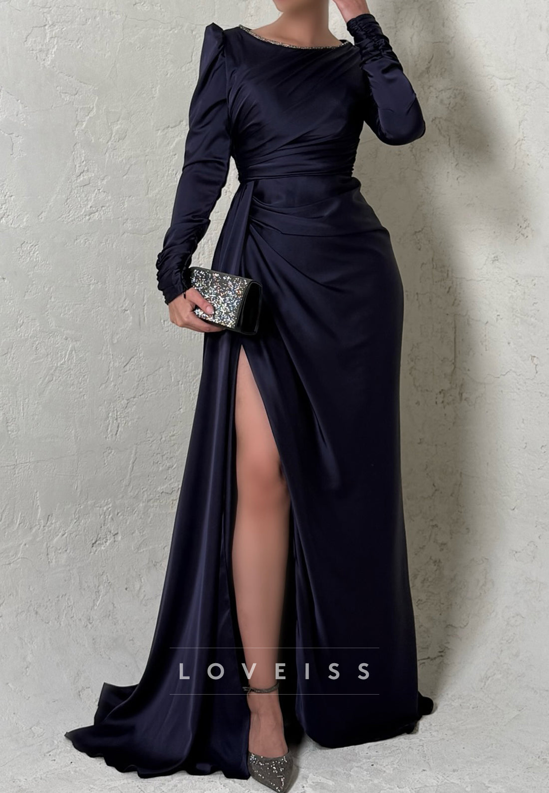 Scoop Long Sleeves Pleated Side Slit Sheatrh Formal Dress
