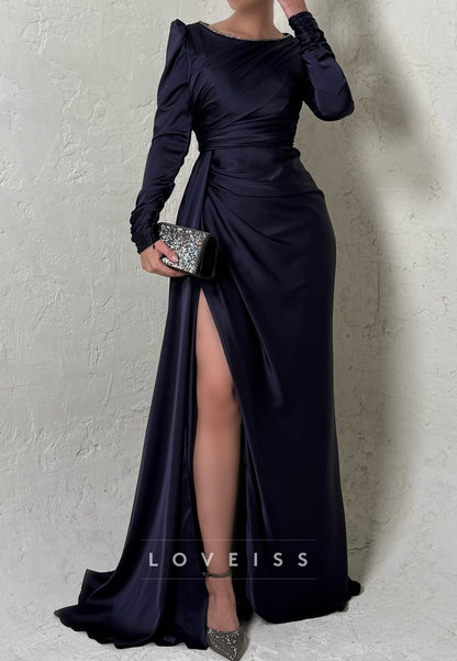 Scoop Long Sleeves Pleated Side Slit Sheatrh Formal Dress