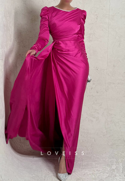 Scoop Long Sleeves Pleated Side Slit Sheatrh Formal Dress