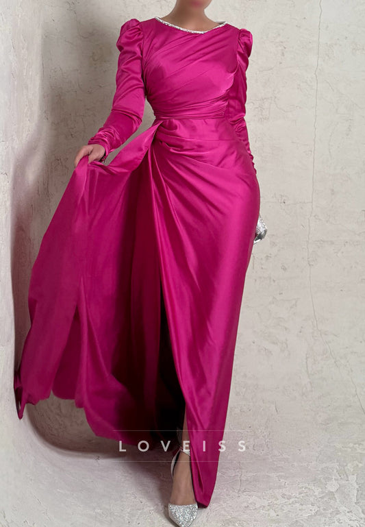 Scoop Long Sleeves Pleated Side Slit Sheatrh Formal Dress
