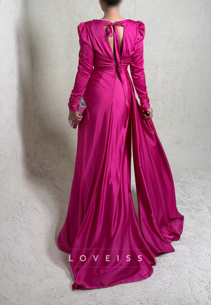 Scoop Long Sleeves Pleated Side Slit Sheatrh Formal Dress