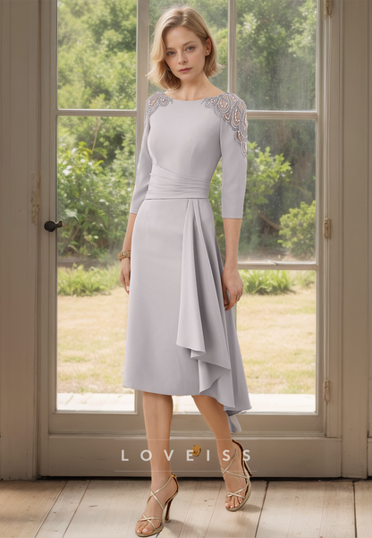 Scoop Long Sleeves Ruched Beaded Sheath Knee Length Mother of Bride Dress