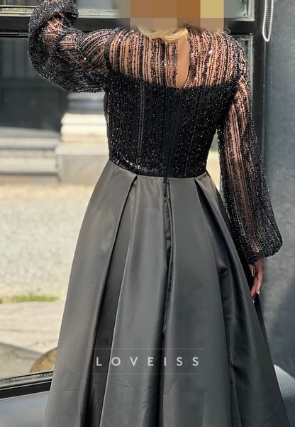 Scoop Long Sleeves Ruffles Mother of Bride A-Line Evening Dress