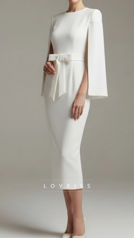 Scoop Long Sleeves Satin Sheath Wedding Guest Dress