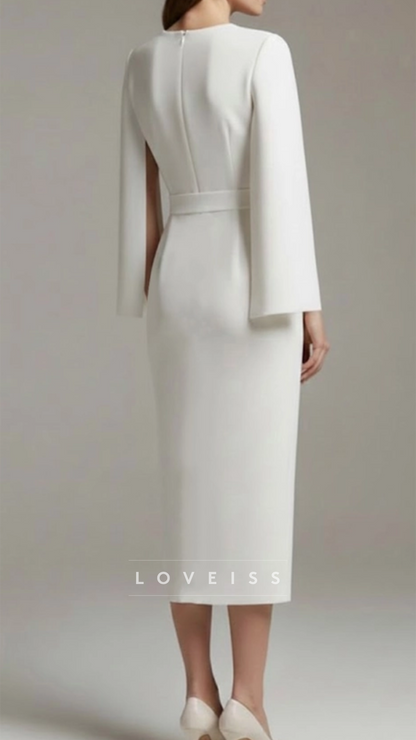 Scoop Long Sleeves Satin Sheath Wedding Guest Dress