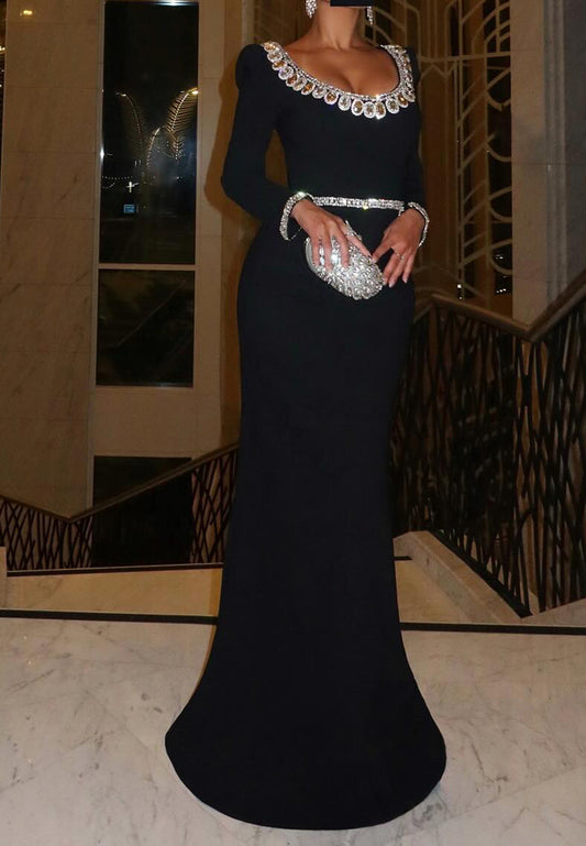 Scoop Long Sleeves Satin Sleek Mermaid Evening Dress