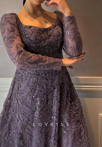 Scoop Long Sleeves Sequins Lace Appliques A-Line Evening Dress