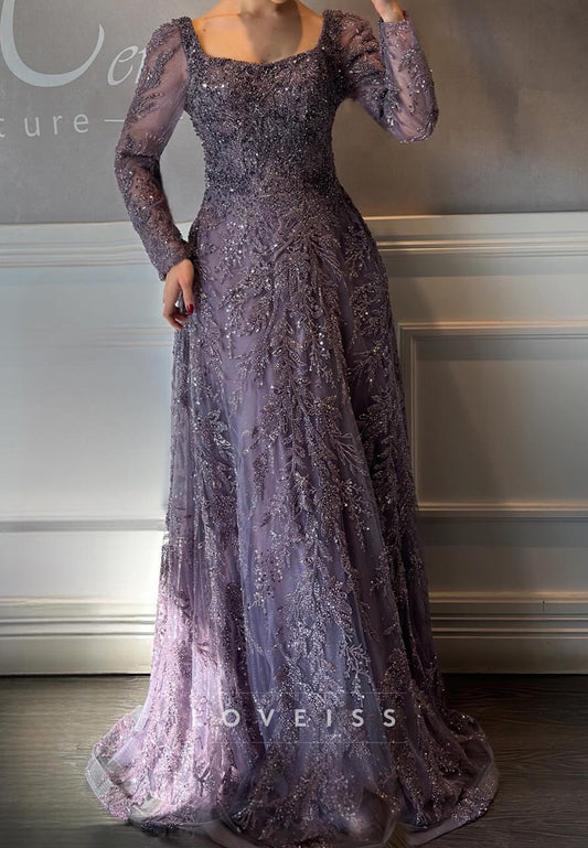 Scoop Long Sleeves Sequins Lace Appliques A-Line Evening Dress