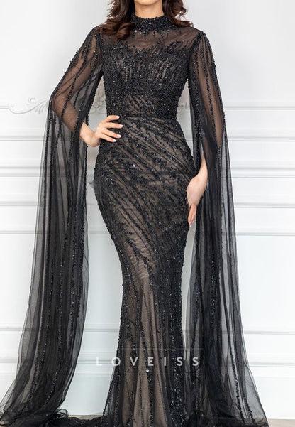 Scoop Long Sleeves Sequins Mermaid Sparkly Mother of Bride Dress