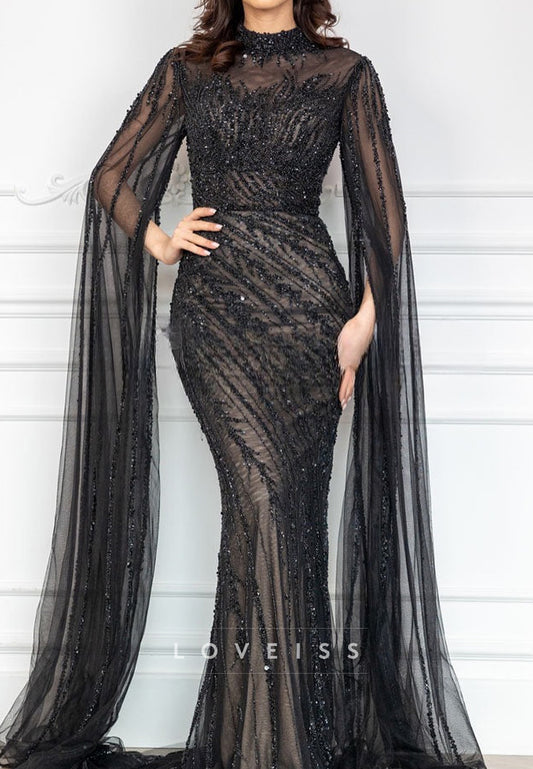 Scoop Long Sleeves Sequins Mermaid Sparkly Mother of Bride Dress