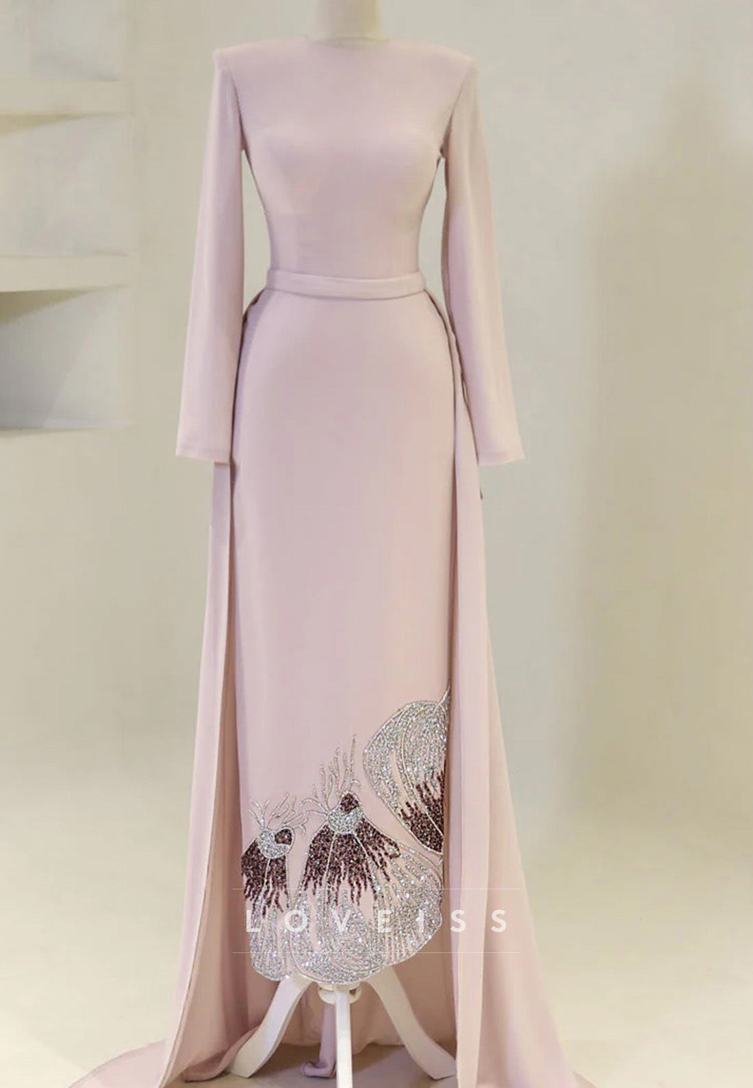 Scoop Long Sleeves Sheath Mother of Bride Dress with Beading