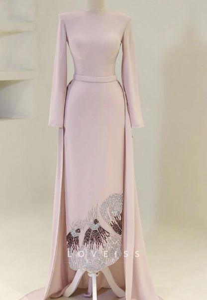 Scoop Long Sleeves Sheath Mother of Bride Dress with Beading