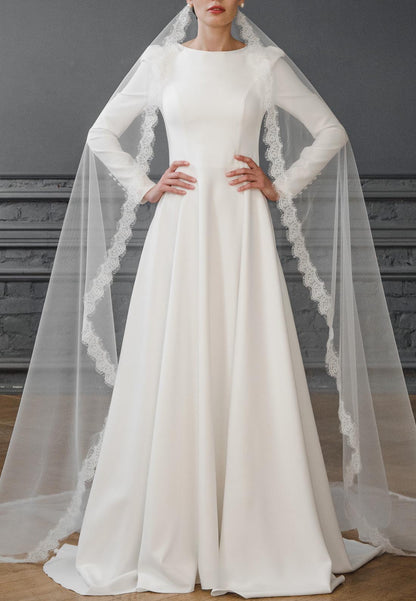 Scoop Long Sleeves Sleek A-Line Classic Elegant Wedding Dress
