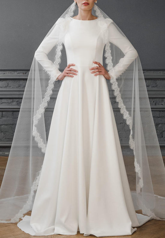 Scoop Long Sleeves Sleek A-Line Classic Elegant Wedding Dress
