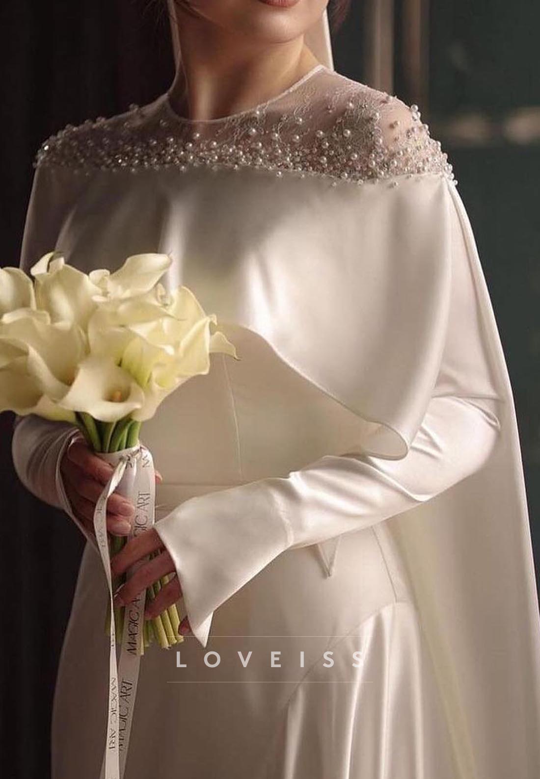 Scoop Long Sleeves Sleek Beaded A-Line Wedding Dress