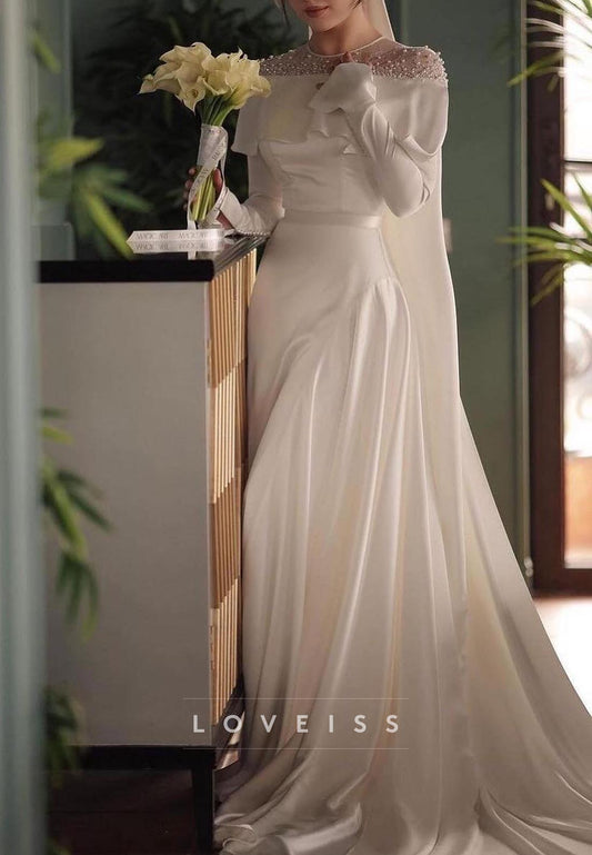 Scoop Long Sleeves Sleek Beaded A-Line Wedding Dress