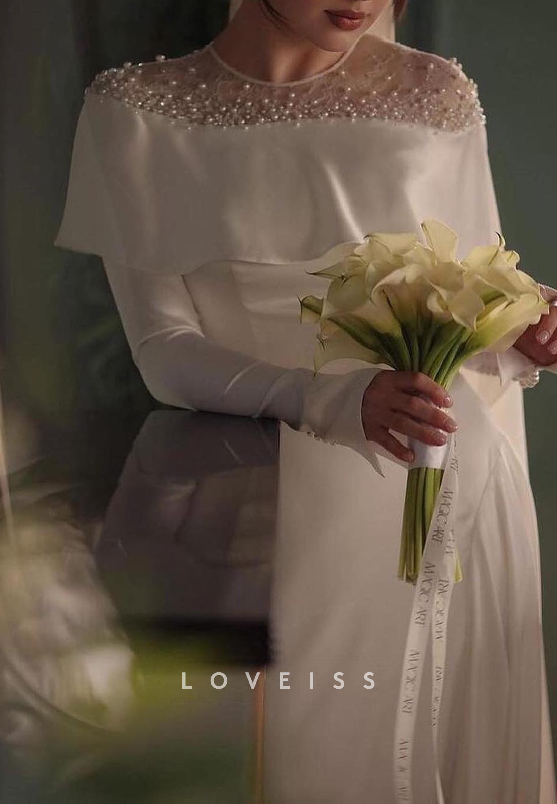 Scoop Long Sleeves Sleek Beaded A-Line Wedding Dress