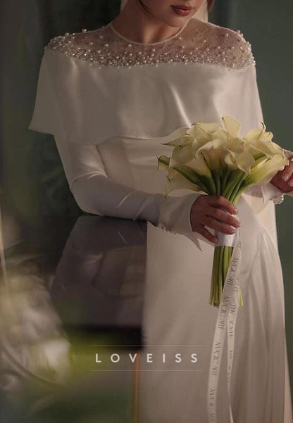 Scoop Long Sleeves Sleek Beaded A-Line Wedding Dress