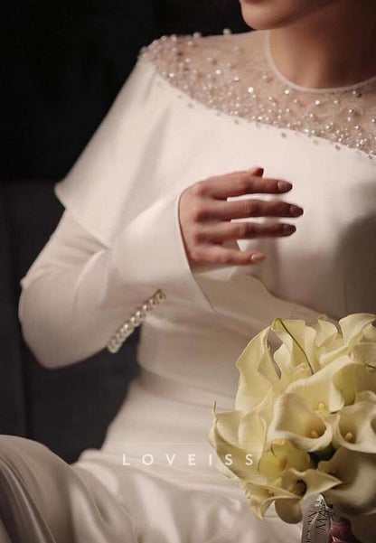 Scoop Long Sleeves Sleek Beaded A-Line Wedding Dress