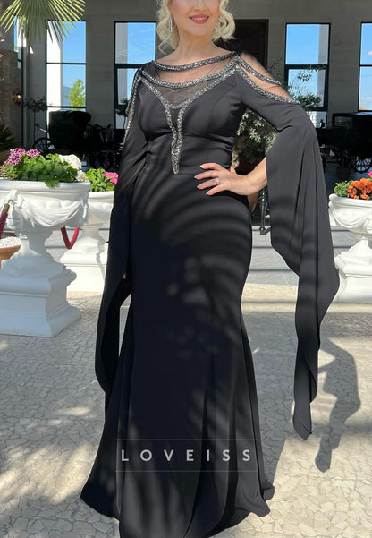 Scoop Long Sleeves Sleek Fitted Mermaid Mother of Bride Dress