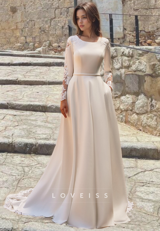 Scoop Long Sleeves Sleek Satin A-Line Simple Wedding Dress