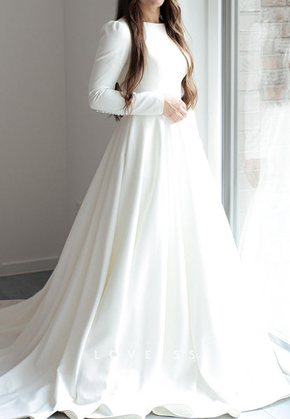 Scoop Long Sleeves Sleek Satin A-Line Wedding Dress
