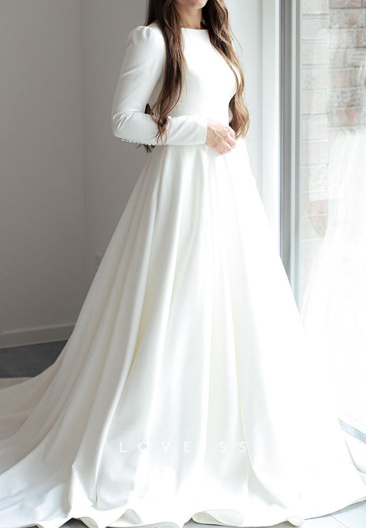 Scoop Long Sleeves Sleek Satin A-Line Wedding Dress