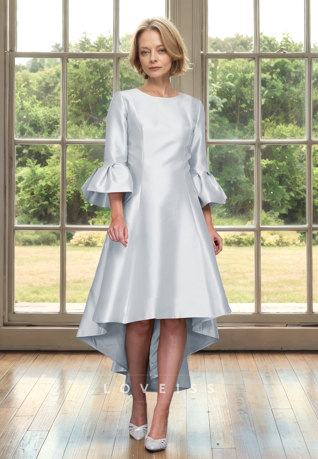 Scoop Long Sleeves Sleek Satin High Low A-Line Mother of Bride Dress