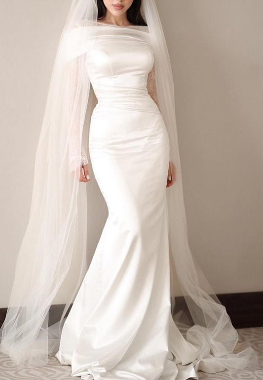 Scoop Long Sleevess Lace Appliques Mermaid Wedding Dress