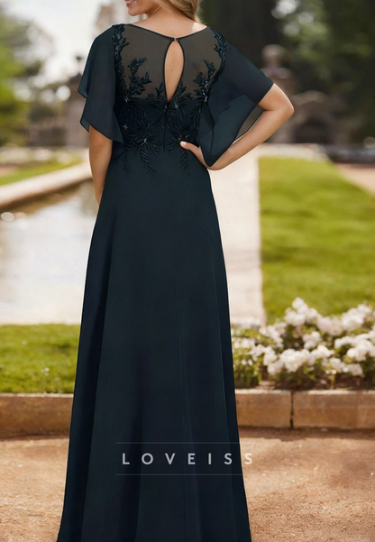 Scoop Short Sleeves Appliques A-Line Mother of Bride Dress