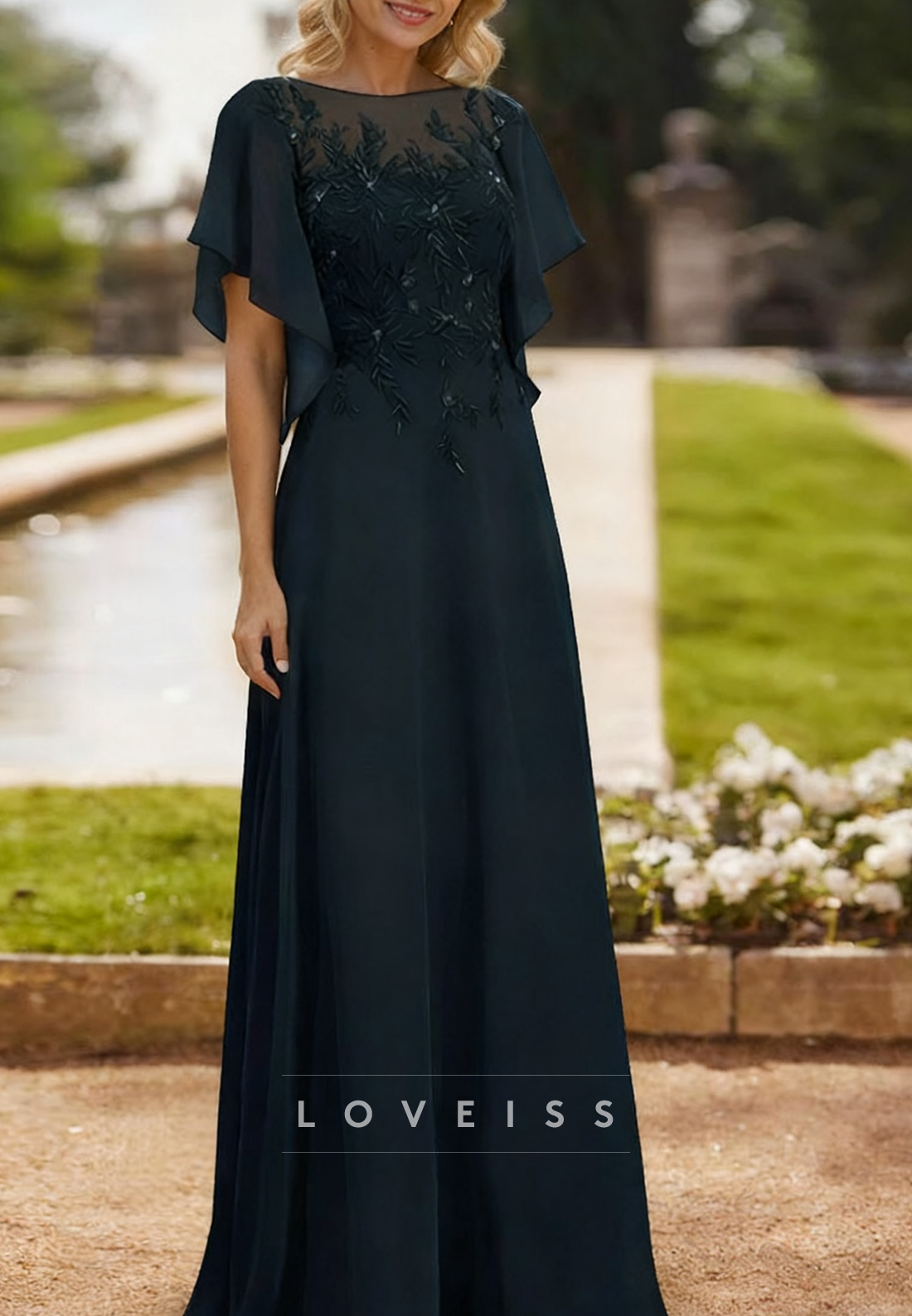 Scoop Short Sleeves Appliques A-Line Mother of Bride Dress