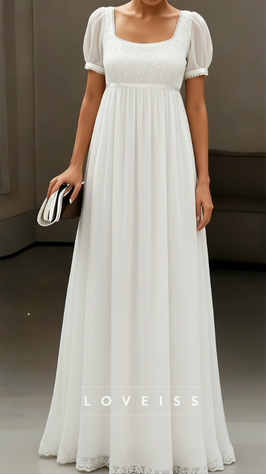 Scoop Short Sleeves Appliques A-Line Wedding Dress