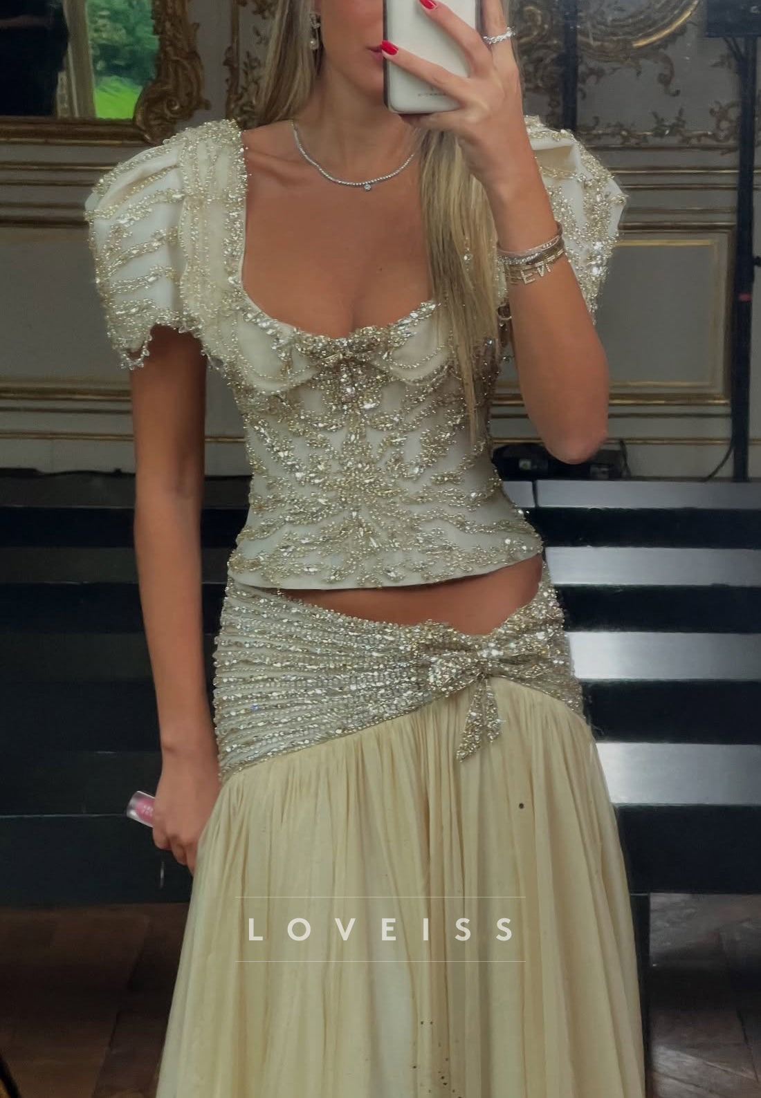 Scoop Short Sleeves Beaded A-Line Evening Dress