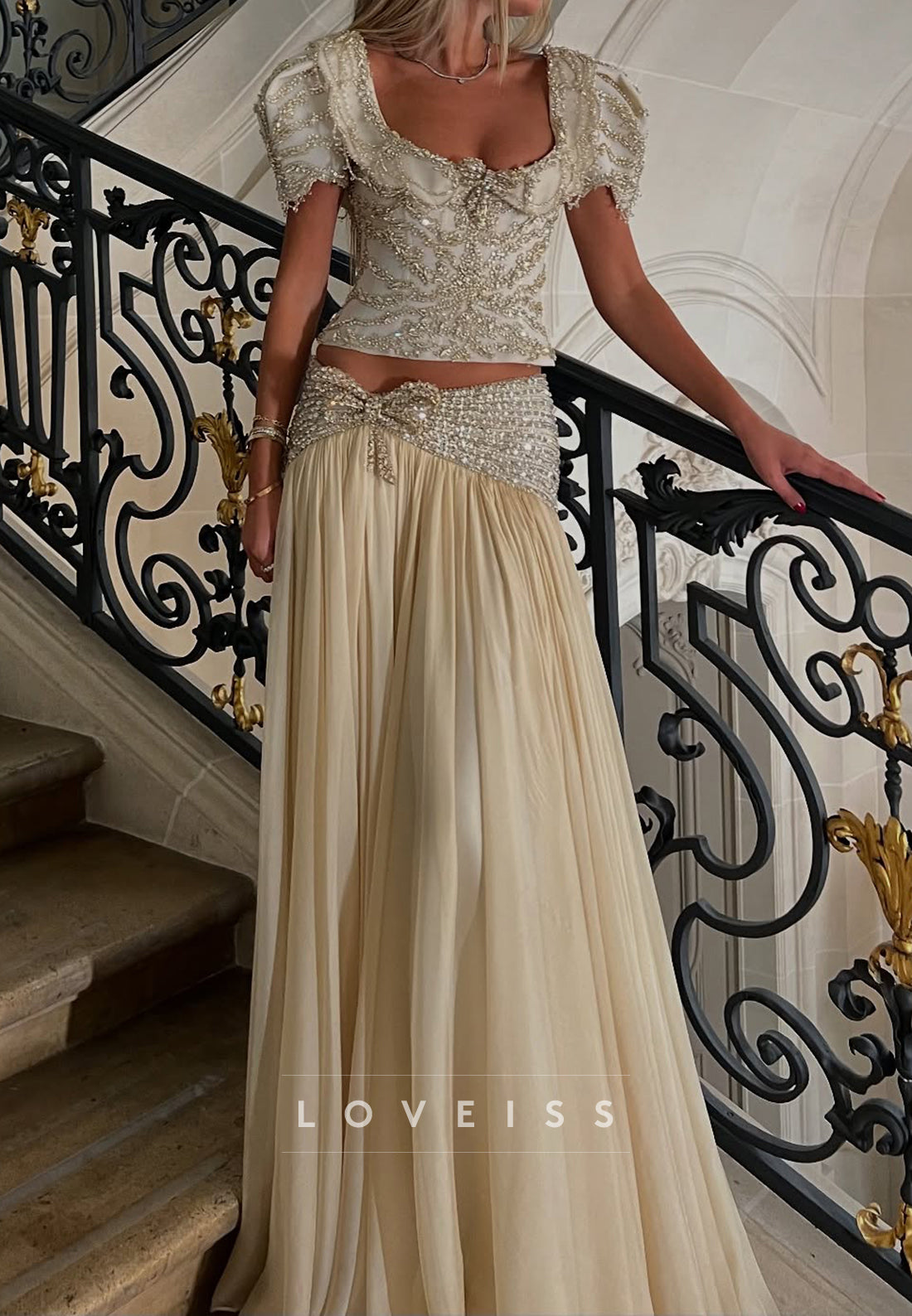 Scoop Short Sleeves Beaded A-Line Evening Dress