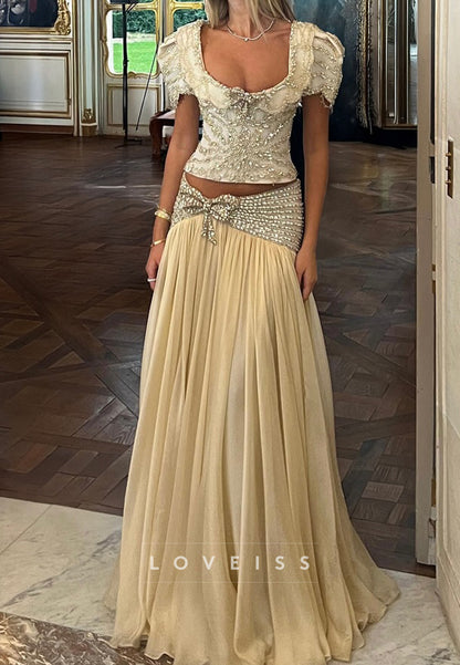 Scoop Short Sleeves Beaded A-Line Evening Dress